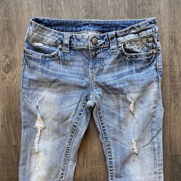 Harley Davidson distressed ripped low rise jeans. Gem and stud details. - Picture 4 of 15